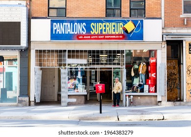 Montreal, Canada - March 2021 : Man Standing In Front Of His Store On Saint Catherine Street