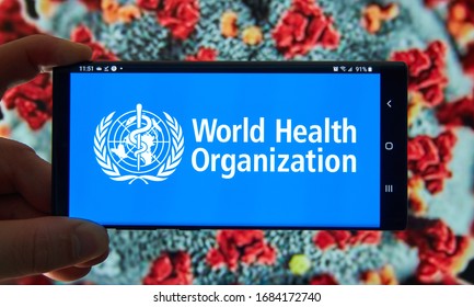 Montreal, Canada - March 21, 2020: The World Health Organization logo on mobile screen. The World Health Organization is a specialised agency of the United Nations responsible for public health.