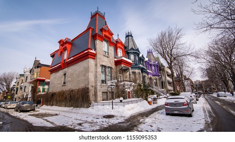 Montreal, Canada - March 2nd 2015: Montreal's Square Saint Louis Houses In Winter