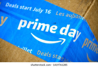 MONTREAL, CANADA - MAY 10, 2019 : Amazon Prime Day cardboard box with Prime Day logo and tape on it. Amazon Prime Day is the retailer's big members-only summer sale in month of July each year.
