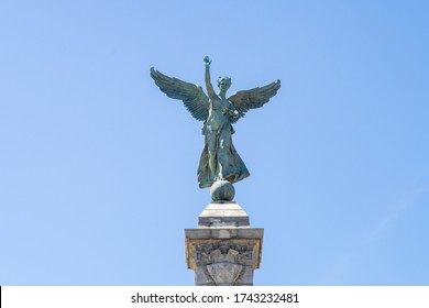 Montreal, Canada - May 2020: Statue  Of The Winged Goddess Of Liberty, Part Of The Sir George-Étienne Cartier Monument, In Mount Royal Park