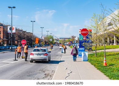 Montreal, Canada - May 2021: Entrance Of The Olympic Stadium Covid Clinic In Montreal