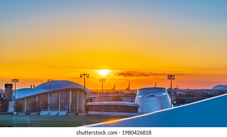 Montreal, Canada - May 2021: Sunrise Over The Planetarium Rio Tinto Alcan And Pierre Charbonneau Gym Center At The Olympic Stadium