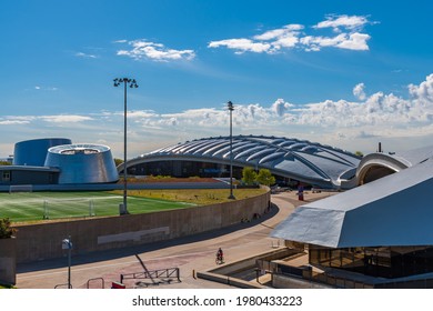 Montreal, Canada - May 2021: View Of The Planetarium Rio Tinto Alcan And Montreal Biodome At Olympic Park