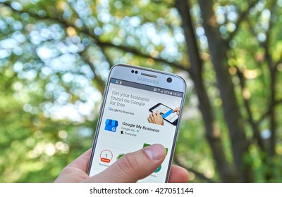 MONTREAL, CANADA - MAY 23, 2016: Google My Business App On Samsung S7 Screen. The App Helps To Verify Business Information, Manage Customer Reviews, Get Custom Insights And Build Business Brand