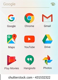 MONTREAL, CANADA - MAY 23, 2016 : Google applications logos on cellphone screen. Google is an American multinational technology company specializing in Internet-related services and products.