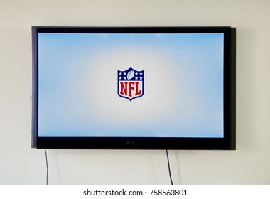 MONTREAL, CANADA - NOVEMBER 15, 2017: NFL App And Logo TV On LG TV Screen. The National Football League Is A Professional American Football League Consisting Of 32 Teams