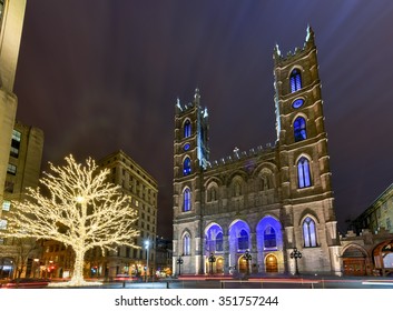 Montreal, Canada - November 26, 2015: Montreal Notre-Dame Basilica in Montreal, Quebec, Canada at night.  Notre-Dame Basilica (French: Basilique Notre-Dame de Montreal).