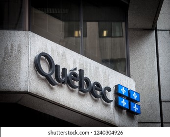 MONTREAL, CANADA - NOVEMBER 3, 2018: Logo Of The Provincial Government Of Quebec (Gouvernement Du Quebec) On Administrative Building. Quebec Is The Main French Speaking Province Of Canada

