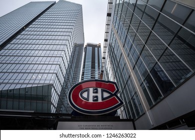 MONTREAL, CANADA - NOVEMBER 3, 2018: Montreal Canadiens logo, known as Canadiens de Montreal, in front of their main arena, the Centre Bell. Canadiens is Montreal NHL Ice Hockey Team

