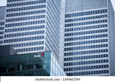 MONTREAL, CANADA - NOVEMBER 3, 2018: BDC Bank Logo On Their Headquarters For Montreal, Quebec. The Business Development Bank Of Canada Is A Bank Funding Entrepeneurship In Canada

