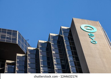 MONTREAL, CANADA - NOVEMBER 5, 2018: Evo Montreal Logo In Front Of Their Main Residence In Quebec. Evo Montreal Is A Brand Of Student Housing Residence In Downtown Montreal

