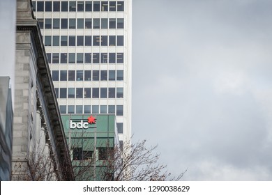 MONTREAL, CANADA - NOVEMBER 7, 2018: BDC Bank Logo On Their Headquarters For Montreal, Quebec. The Business Development Bank Of Canada Is A Bank Funding Entrepeneurship In Canada

