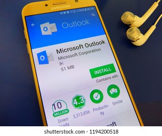 Montreal, Canada. October 1, 2018 - Microsoft Outlook Application On Smartphone Screen. Manage All Your Email Accounts With Microsoft Outlook App.