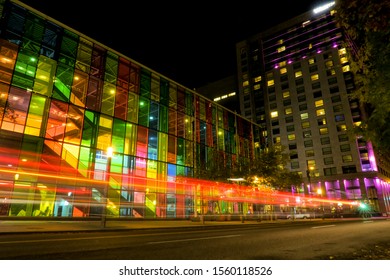 Montreal, Canada - October 2019: Speed Traffic Light Trails In Front Of The Palais Des Congrès Building