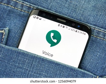 MONTREAL, CANADA - OCTOBER 4, 2018: Google Voice app on s8 screen. Google Voice is a Voice over IP service. Google is an American technology company which provides a variety of internet services.