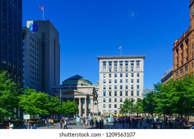 Montreal, Canada - September 08, 2018: Scene Of Place DArmes Square, With Locals And Visitors, In Montreal, Quebec, Canada