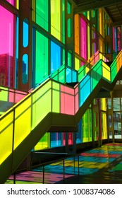 MONTREAL, CANADA - September 14, 2017: Colourful Glass Panels And Stairs In Palais Des Congres De Montreal (Montreal Convention And Conference Centre)  Montreal, Canada