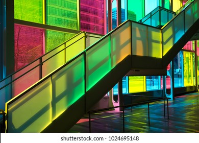 MONTREAL, CANADA - September 14, 2017: Colourful Glass Panels And Stairs In Palais Des Congres De Montreal (Montreal Convention And Conference Centre)  Montreal, Canada