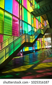 MONTREAL, CANADA - September 14, 2017: Colourful Glass Panels And Stairs In Palais Des Congres De Montreal (Montreal Convention And Conference Centre)  Montreal, Canada