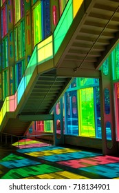 MONTREAL, CANADA - September 14, 2017: Colourful Glass Panels And Stairs In Palais Des Congress De Montreal (Montreal Convention And Conference Centre)  Montreal, Canada