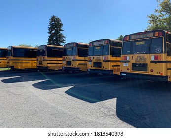 Montreal, Canada - September 30, 2020.School Buses Parking At The Terminal. School Reopen In Post Covid 19 Pandemic.