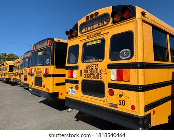 Montreal, Canada - September 30, 2020.School Buses Parking At The Terminal. School Reopen In Post Covid 19 Pandemic.