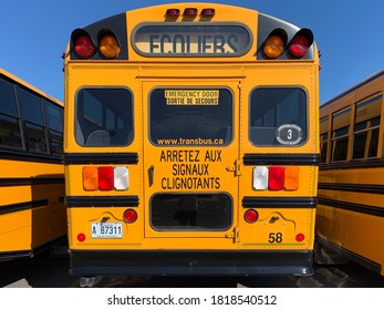 Montreal, Canada - September 30, 2020.School Buses Parking At The Terminal. School Reopen In Post Covid 19 Pandemic.