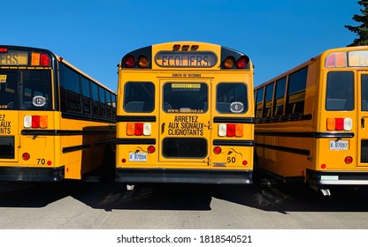 Montreal, Canada - September 30, 2020.School Buses Parking At The Terminal. School Reopen In Post Covid 19 Pandemic.