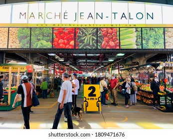 Montreal, Canada- September 5, 2020. Social Distancing Two Meter Sign In Farmers Market Of Quebec. Safety Measures During Covid 19 After Business Reopen.