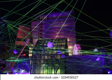 Montreal Festival Of Lights. Colorful Illuminated Silhouettes In The Night. Lighting Installations. Winter Festival Of Arts. Outdoor Family Activities. Entertainment District.

