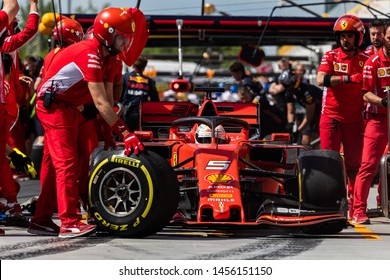 Montreal Friday June 7, 2019. Scuderia Ferrari F1 pilot (5) Sebastian Vettel of Germany sitting inside the SF90 during P1 pit stop at circuit Gilles Villeneuve, Canada.