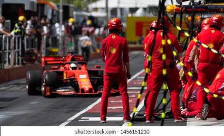 Montreal Friday June 7, 2019. Pit stop for the Scuderia Ferrari crew and F1 pilot Sebastian Vettel (5) of Germany during P1 at Circuit Gilles Villeneuve, Canada.