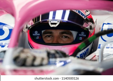 Montreal June 8 2018. Inside The Team's Garage, Force India Pilot Sergio Perez (11) Of Mexico Sitting Inside The VJM11 Car Ahead Of P2 At The Formula 1 Canadian Grand Prix.