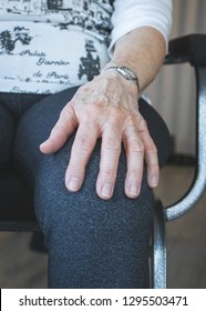 Montreal, QC / Canada / 11-16-2018
Older Woman Hand Details On Yoga Pants. Meditation And Yoga On Chairs For Seniors