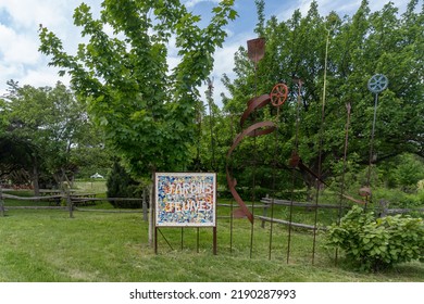 Montreal, QC, Canada -2022: Montreal Botanical Garden Youth Gardens (Jardin Botanique De Montréal, Jardin Jeunes) Mosaic Sign. Venue For Youth Camps, School Trips, Gives Urban Children Garden Space.