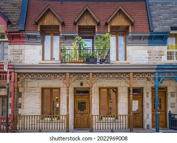 Montreal, Qc, Canada - July 26th 2020: Cute Traditional Facades And Montreal Architecture On Henri Julien Street, On Plateau Mont Royal Neighborhood