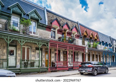 Montreal, Qc, Canada - July 26th 2020: Cute Traditional Facades And Montreal Architecture On Henri Julien Street, On Plateau Mont Royal Neighborhood