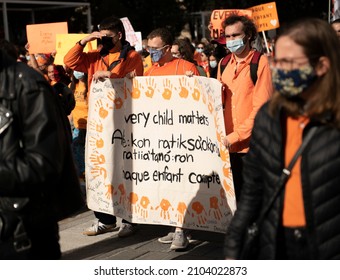 Montreal QC Canada, September 30 2021: National Day Of Truth And Reconciliation March And Demonstration In Quebec, Orange Shirts, Solidarity With Indigenous People And Nations, Anti-colonialism 