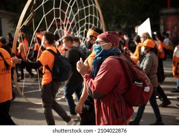 Montreal QC Canada, September 30 2021: National Day Of Truth And Reconciliation March And Demonstration In Quebec, Orange Shirts, Solidarity With Indigenous People And Nations, Anti-colonialism 