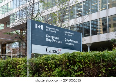 Montreal, QC, Canada - September 4, 2021: Sign Of  Guy-Favreau Complex In Montreal, QC, Canada. Guy-Favreau Complex Is A Building Complex Containing Canadian Federal Government Offices. 