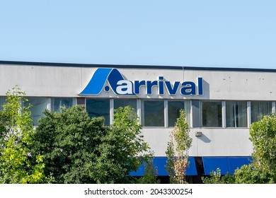 Montreal, QC, Canada - September 4, 2021: Close Up Of Arrival Sign On The Building At Their Headquarters In Montreal, QC, Canada. Arrival Customs Brokers Ltd. Is A Canadian Logistics Company.  