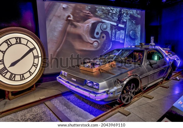 Montreal, Quebec - August 31, 2021: A mock up of\
the Delorean car from Back to the Future 3 on display in the\
Pointe-à-Callière\
Museum