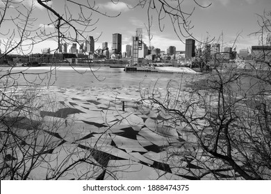 MONTREAL QUEBEC CANADA 01 06 2021: The Old And Downtown Montreal  Region Reflection On Ice Of The  Saint Laurent (Lawrence) River In Winter Time