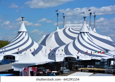 MONTREAL QUEBEC CANADA 05 16 2017: Cirque Du Soleil Black And White Tent For New Show VOLTA. Canadian Entertainment Company, A Mix Of Circus Arts And Street Entertainment Based In Montreal