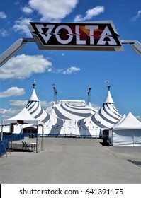 MONTREAL QUEBEC CANADA 05 16 2017: Cirque Du Soleil Black And White Tent For New Show VOLTA. Canadian Entertainment Company, A Mix Of Circus Arts And Street Entertainment Based In Montreal