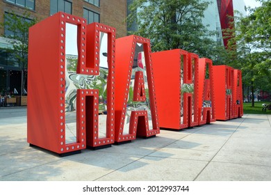 MONTREAL QUEBEC CANADA 07 21 2021: Large Ha Ha Ha Sculpture In The Street For Montreal Just For Laughs Festival.