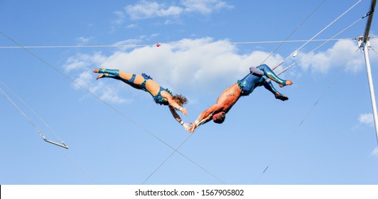 Montreal, Quebec, Canada- 07-09-2012: Trapezist show in the old port of Montreal