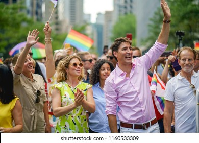 Montreal, Quebec / Canada, 2018-08-19 : Canada's Prime Minister Justin Trudeau Leading Montreal's Pride (Fierté) 2018 With His Wife Sophie Grégoire Trudeau. 