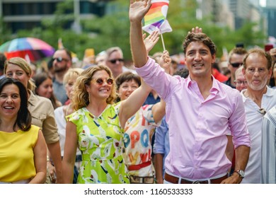 Montreal, Quebec / Canada, 2018-08-19 : Canada's Prime Minister Justin Trudeau Leading Montreal's Pride (Fierté) 2018 With His Wife Sophie Grégoire Trudeau.   Valerie Plante Montreal Mayor